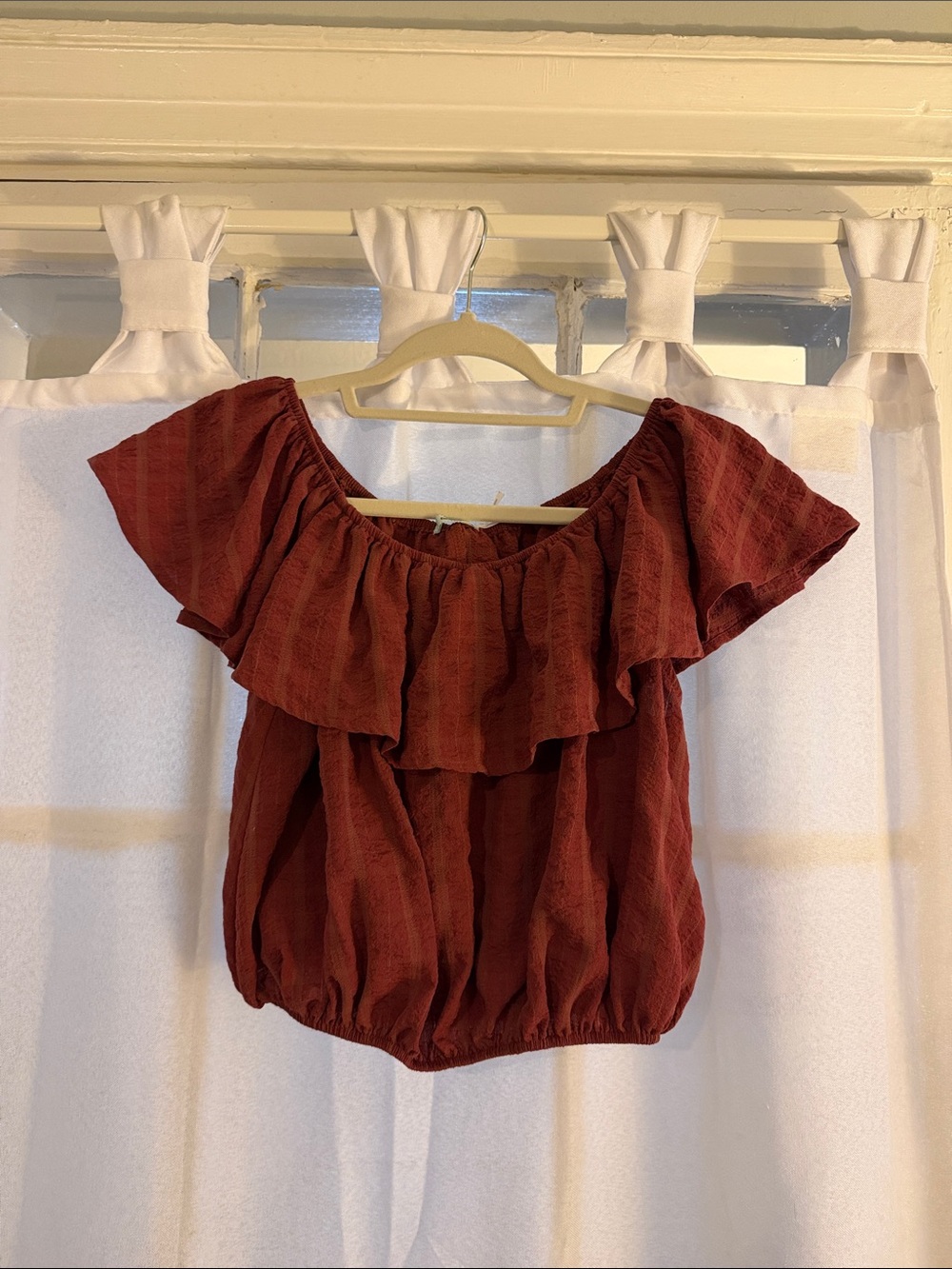 Kimchi Blue Rust Red Off-Shoulder Ruffle Crop Top